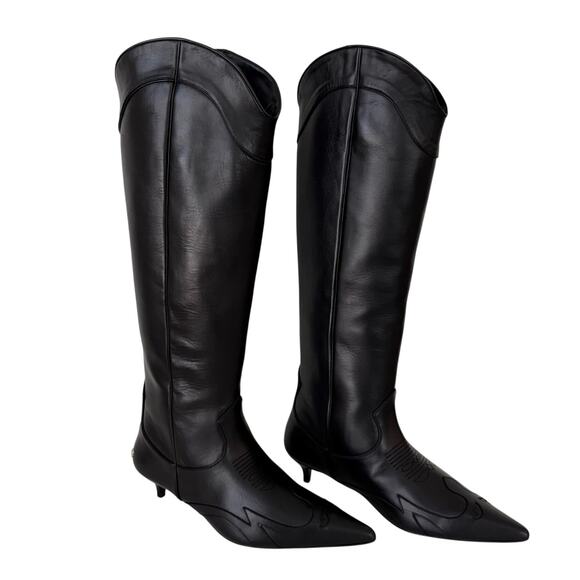 Anine Bing Rae Tall Leather Boots Kitten Heel Western Black 40 (US 10) - Picture 1 of 16